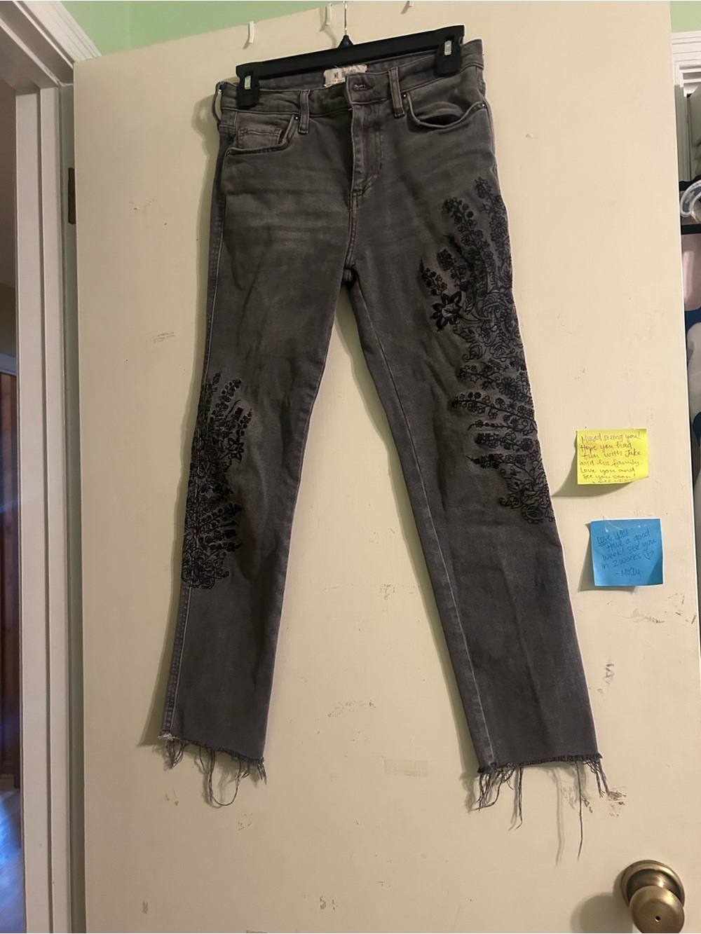 We The Free Gray Straight Leg Jeans with Black Floral Embroidery